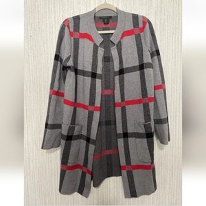 Tahari Size Medium Gray And Red Plaid Cardigan Heavy Pockets